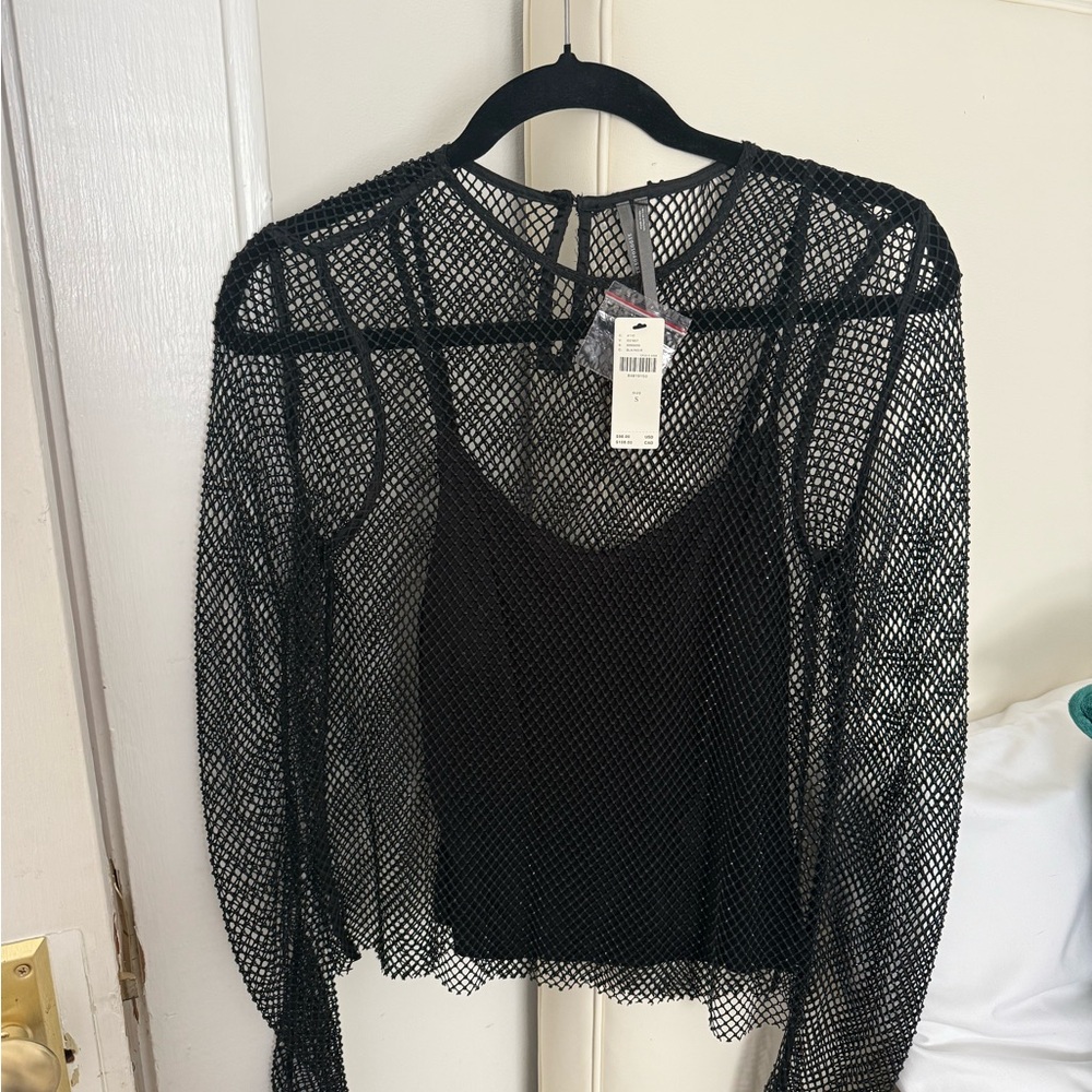 Anthropologie Black Mesh Beaded Long Sleeve Top